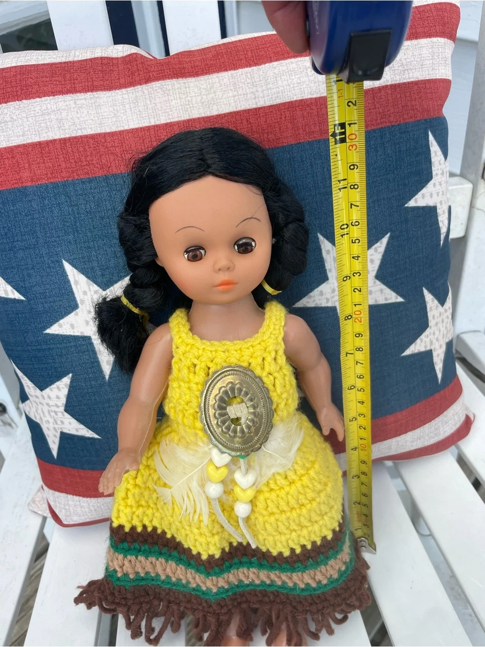 Vintage 1960s Doll w/ Hand Crocheted Native Style Outfit Fringe 12”